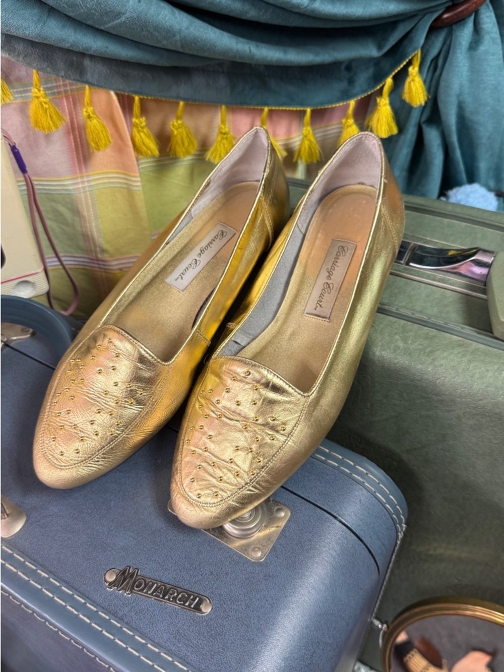 Carriage Court Gold Leather Slip-On Flats